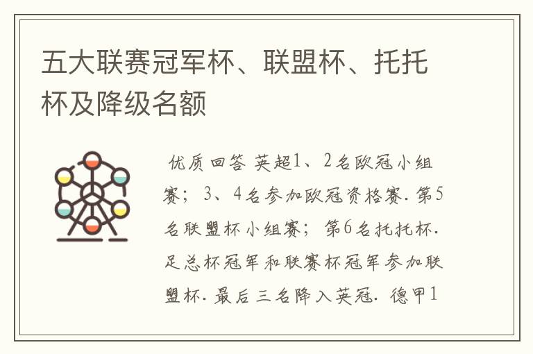 五大联赛冠军杯、联盟杯、托托杯及降级名额