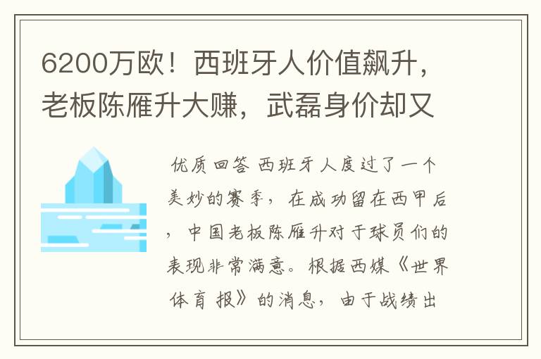 6200万欧!西班牙人价值飙升,老板陈雁升大赚,武磊身价却又缩水