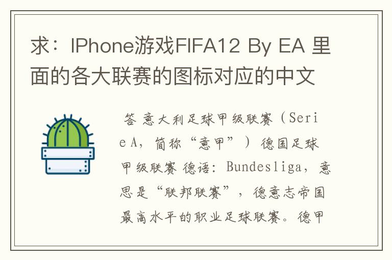 求:IPhone游戏FIFA12 By EA 里面的各大联赛的图标对应的中文名称 例如:Liga BBVA 西甲