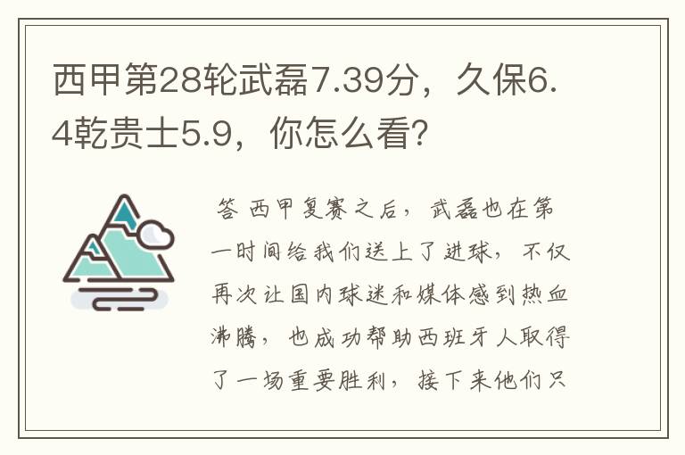 西甲第28轮武磊7.39分,久保6.4乾贵士5.9,你怎么看?