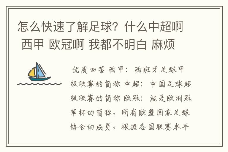怎么快速了解足球?什么中超啊 西甲 欧冠啊 我都不明白 麻烦 有哪位特别了解足球的 跟我讲讲,多谢