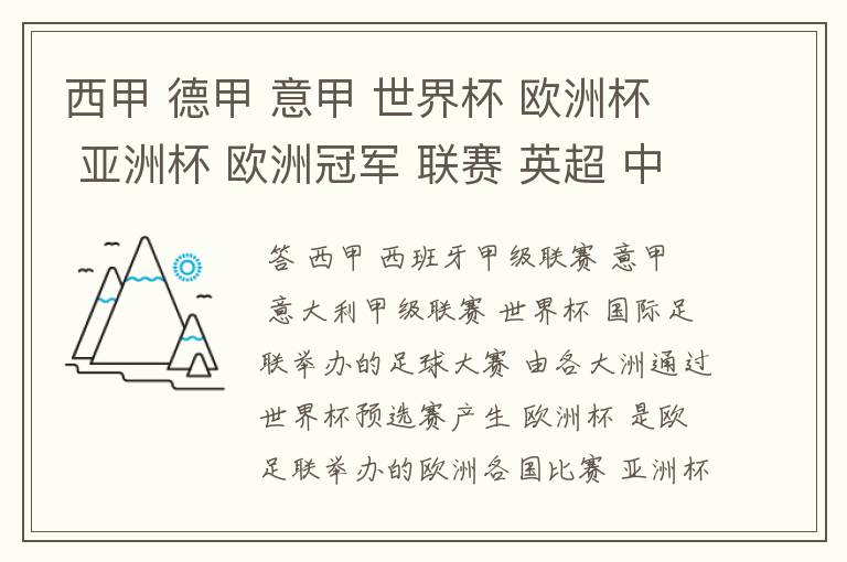 西甲 德甲 意甲 世界杯 欧洲杯 亚洲杯 欧洲冠军 联赛 英超 中超 分别是什么意思啊?