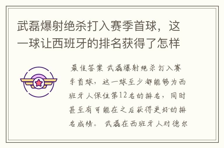 武磊爆射绝杀打入赛季首球,这一球让西班牙的排名获得了怎样的提升?