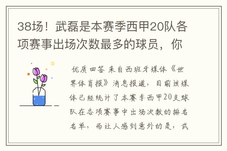 38场!武磊是本赛季西甲20队各项赛事出场次数最多的球员,你怎么看?