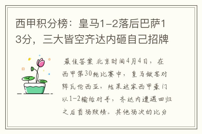 西甲积分榜:皇马1-2落后巴萨13分,三大皆空齐达内砸自己招牌?