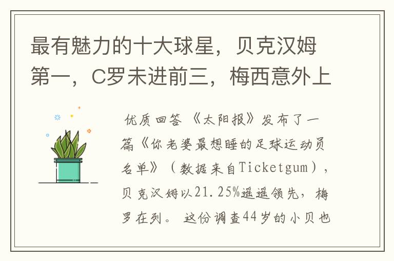 最有魅力的十大球星,贝克汉姆第一,C罗未进前三,梅西意外上榜