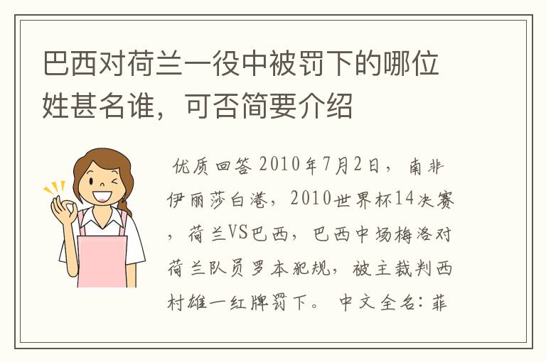 巴西对荷兰一役中被罚下的哪位姓甚名谁,可否简要介绍