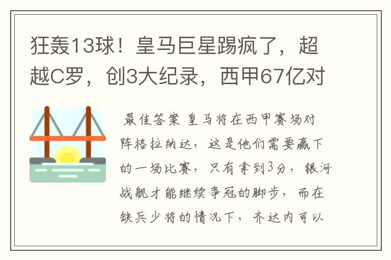 狂轰13球!皇马巨星踢疯了,超越C罗,创3大纪录,西甲67亿对决