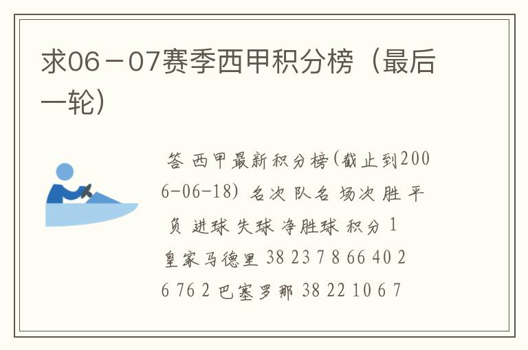 求06-07赛季西甲积分榜(最后一轮)