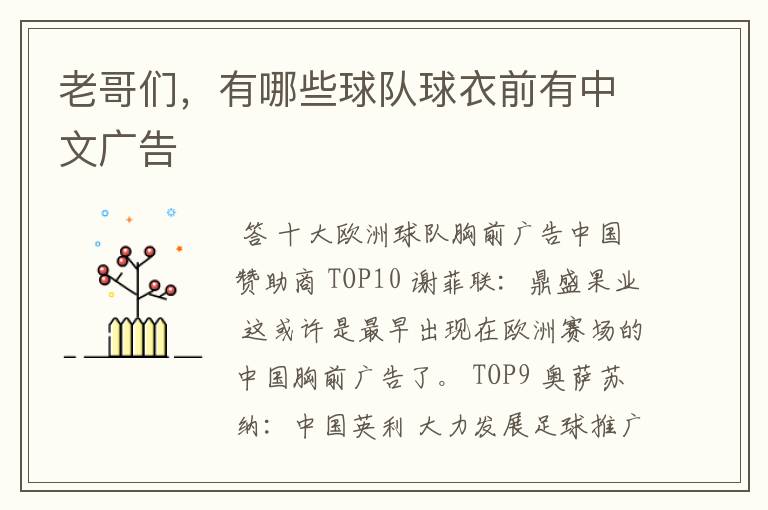 老哥们,有哪些球队球衣前有中文广告