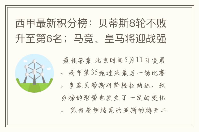 西甲最新积分榜:贝蒂斯8轮不败升至第6名;马竞、皇马将迎战强敌