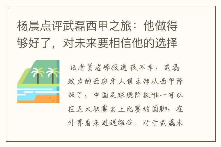 杨晨点评武磊西甲之旅:他做得够好了,对未来要相信他的选择