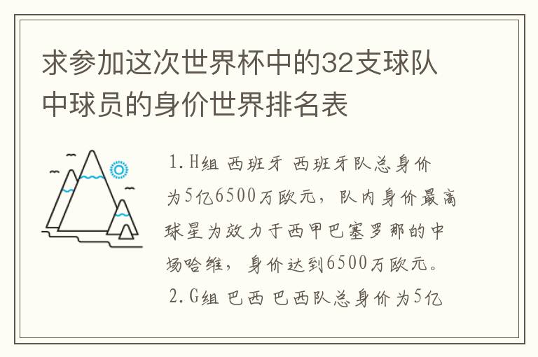求参加这次世界杯中的32支球队中球员的身价世界排名表