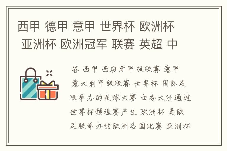 西甲 德甲 意甲 世界杯 欧洲杯 亚洲杯 欧洲冠军 联赛 英超 中超 分别是什么意思啊?