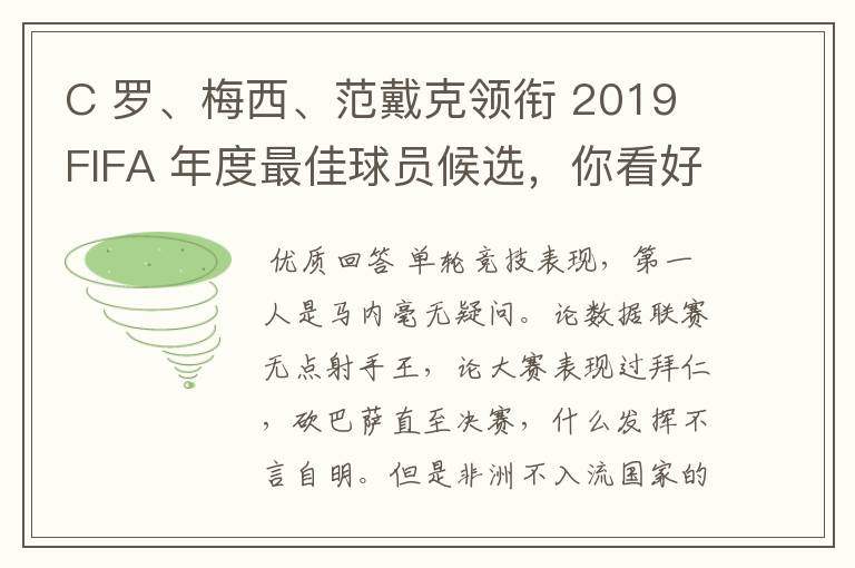 C 罗、梅西、范戴克领衔 2019 FIFA 年度最佳球员候选,你看好谁当选?