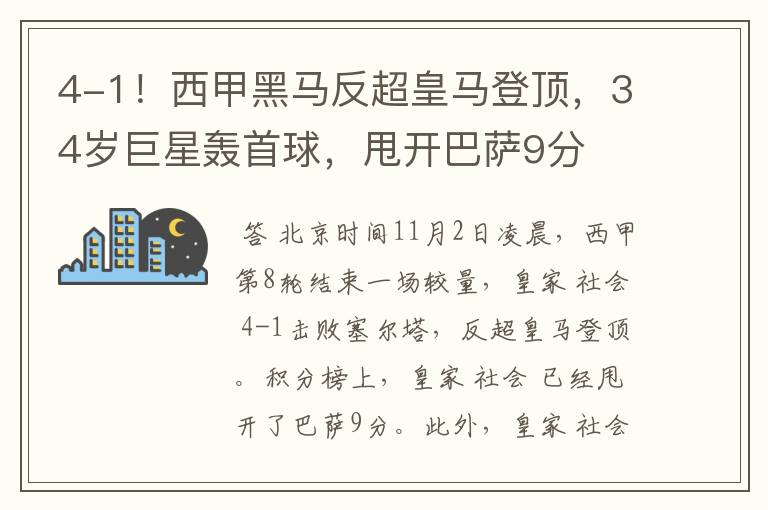 4-1!西甲黑马反超皇马登顶,34岁巨星轰首球,甩开巴萨9分