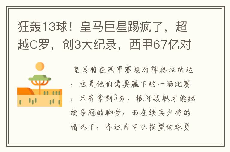 狂轰13球!皇马巨星踢疯了,超越C罗,创3大纪录,西甲67亿对决