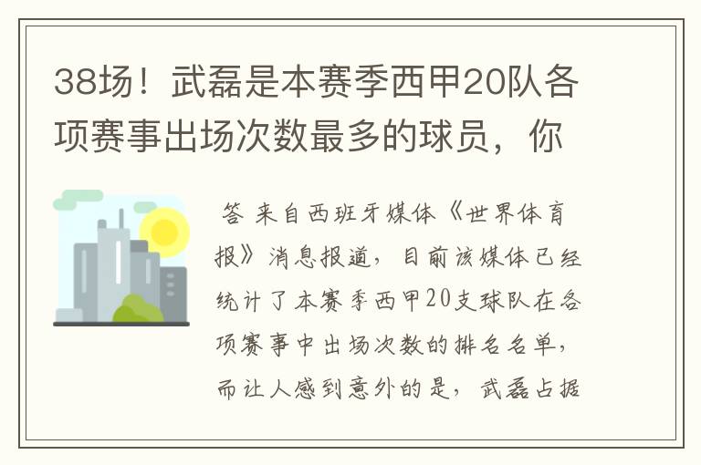 38场!武磊是本赛季西甲20队各项赛事出场次数最多的球员,你怎么看?
