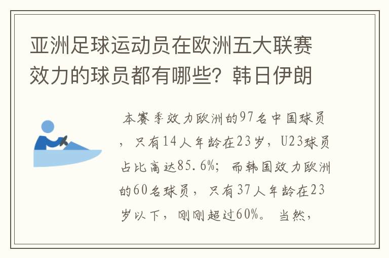 亚洲足球运动员在欧洲五大联赛效力的球员都有哪些?韩日伊朗 都是比较多吧!