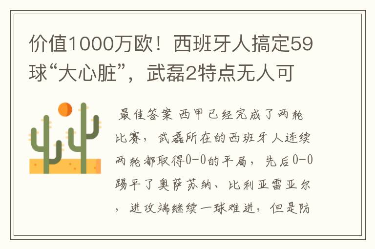 价值1000万欧!西班牙人搞定59球“大心脏”,武磊2特点无人可替