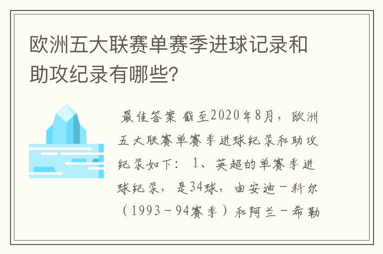 欧洲五大联赛单赛季进球记录和助攻纪录有哪些?
