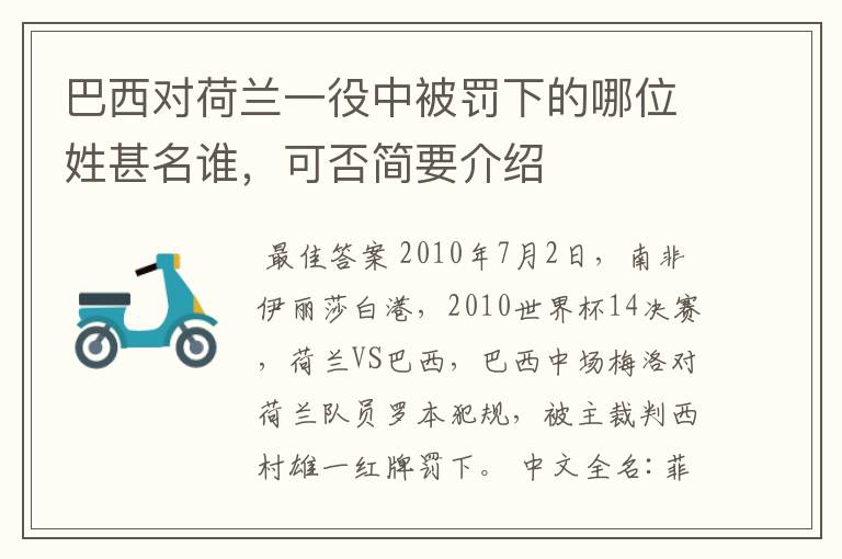 巴西对荷兰一役中被罚下的哪位姓甚名谁,可否简要介绍