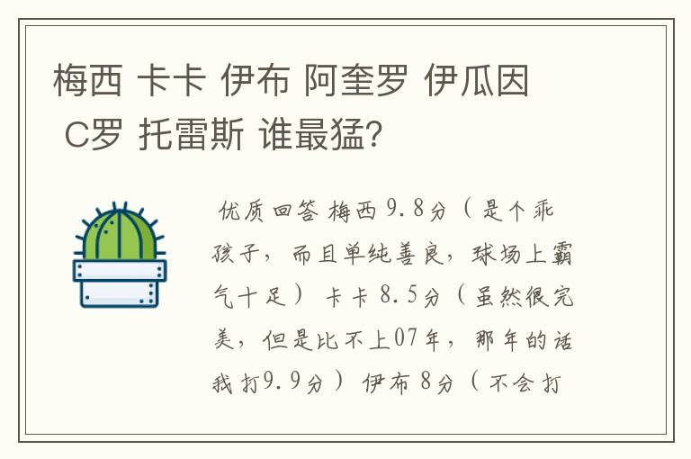 梅西 卡卡 伊布 阿奎罗 伊瓜因 C罗 托雷斯 谁最猛?