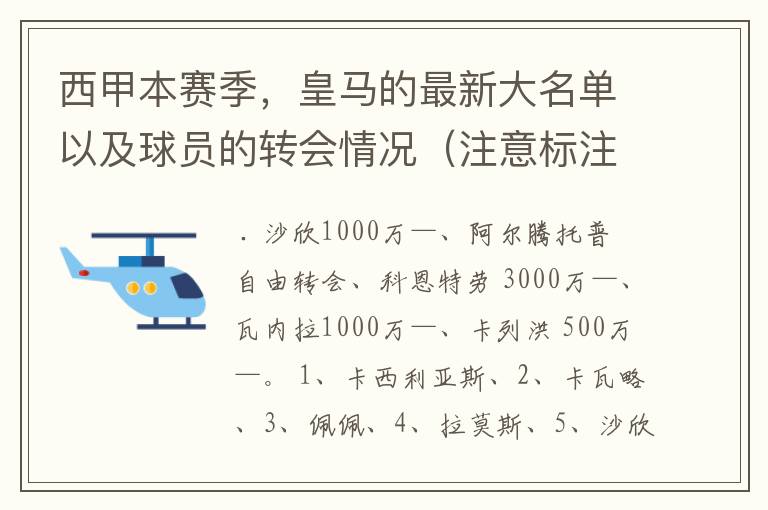 西甲本赛季,皇马的最新大名单以及球员的转会情况(注意标注球员身价)