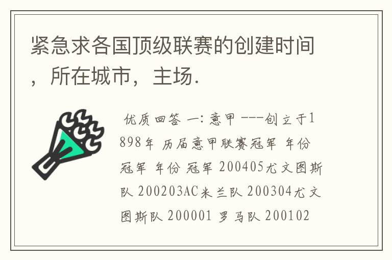 紧急求各国顶级联赛的创建时间,所在城市,主场.