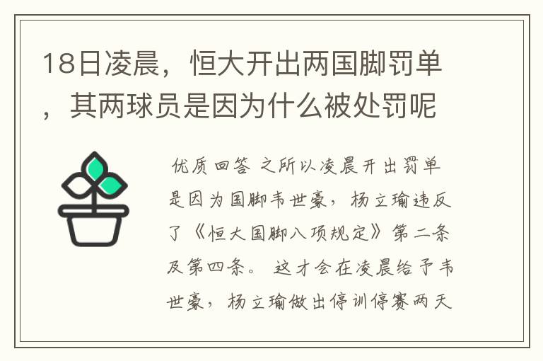18日凌晨,恒大开出两国脚罚单,其两球员是因为什么被处罚呢?