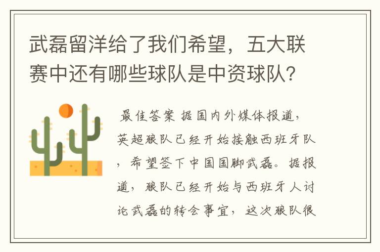 武磊留洋给了我们希望,五大联赛中还有哪些球队是中资球队?