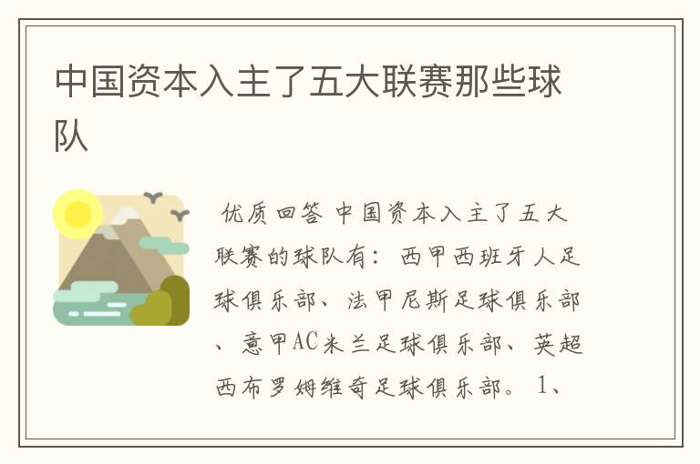 中国资本入主了五大联赛那些球队