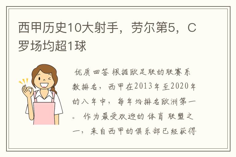 西甲历史10大射手,劳尔第5,C罗场均超1球