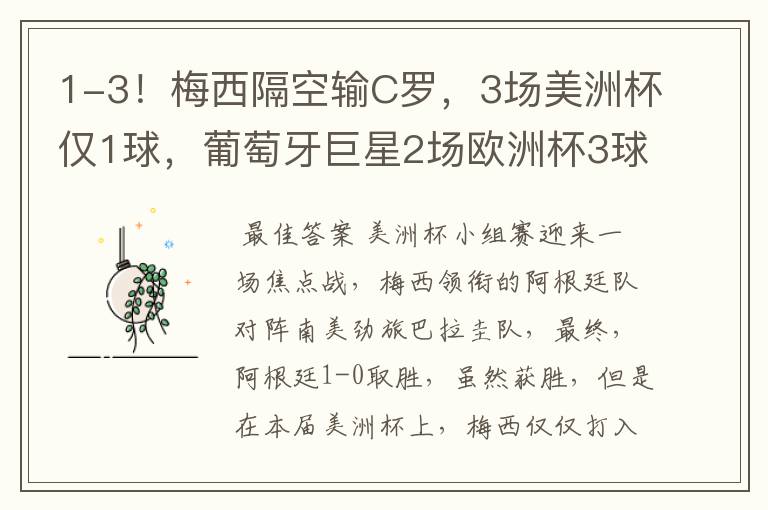 1-3!梅西隔空输C罗,3场美洲杯仅1球,葡萄牙巨星2场欧洲杯3球