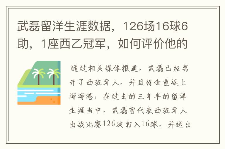 武磊留洋生涯数据,126场16球6助,1座西乙冠军,如何评价他的表现?