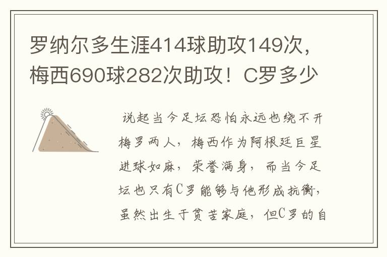 罗纳尔多生涯414球助攻149次,梅西690球282次助攻!C罗多少