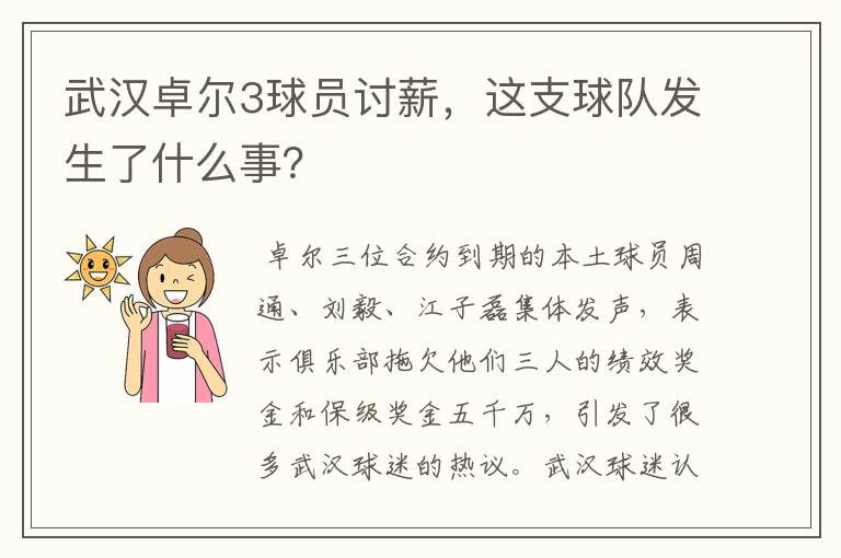 武汉卓尔3球员讨薪,这支球队发生了什么事?