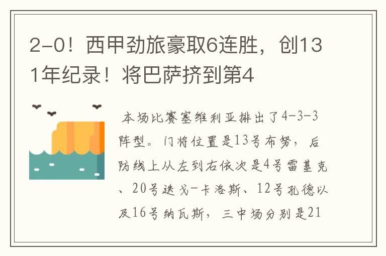 2-0!西甲劲旅豪取6连胜,创131年纪录!将巴萨挤到第4