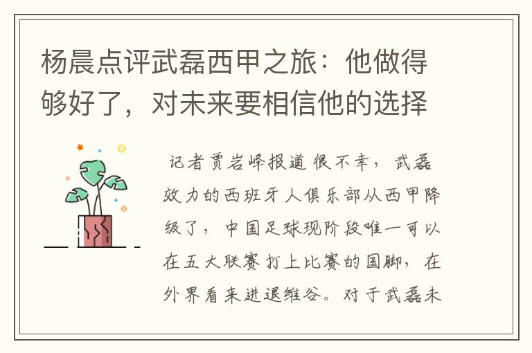 杨晨点评武磊西甲之旅:他做得够好了,对未来要相信他的选择