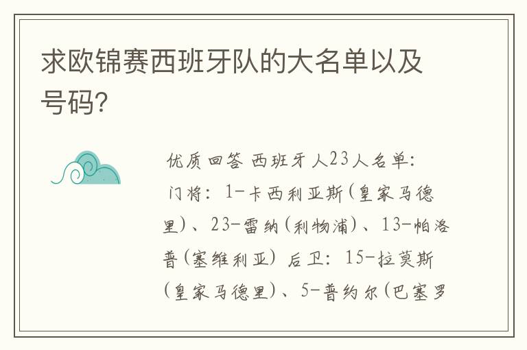 求欧锦赛西班牙队的大名单以及号码?