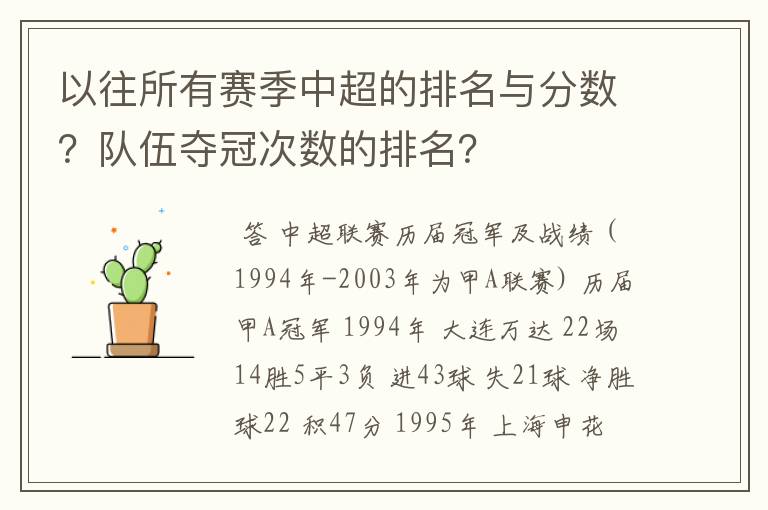 以往所有赛季中超的排名与分数?队伍夺冠次数的排名?