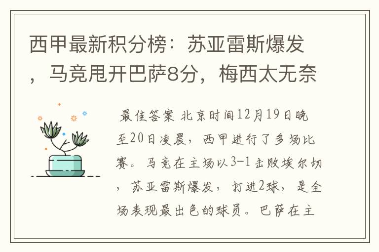 西甲最新积分榜:苏亚雷斯爆发,马竞甩开巴萨8分,梅西太无奈