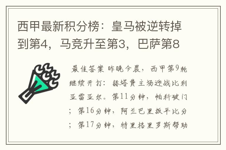 西甲最新积分榜:皇马被逆转掉到第4,马竞升至第3,巴萨第8