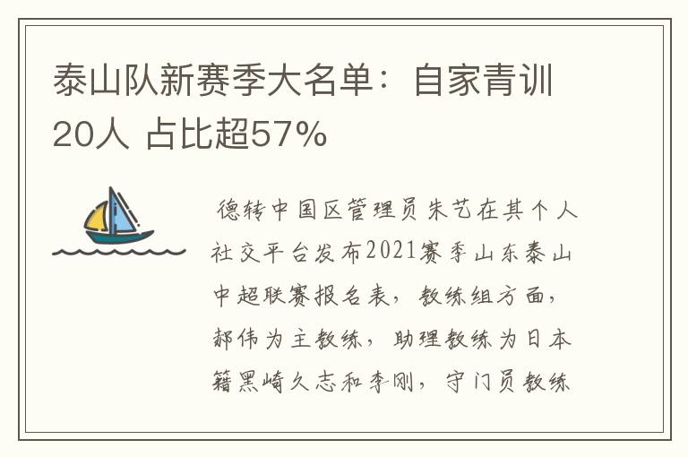 泰山队新赛季大名单:自家青训20人 占比超57%