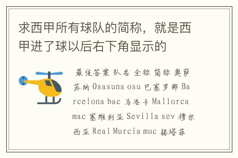 求西甲所有球队的简称,就是西甲进了球以后右下角显示的