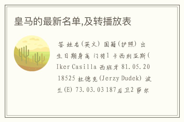 皇马的最新名单,及转播放表