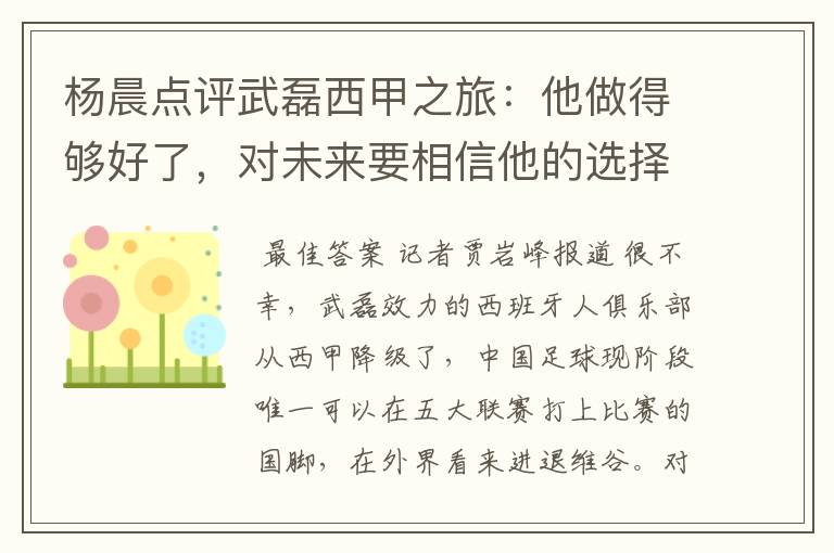 杨晨点评武磊西甲之旅:他做得够好了,对未来要相信他的选择