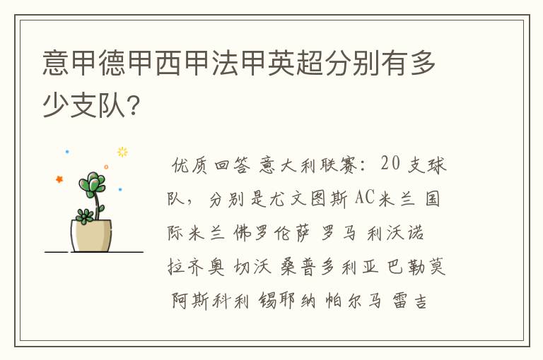 意甲德甲西甲法甲英超分别有多少支队?