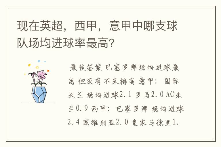 现在英超,西甲,意甲中哪支球队场均进球率最高?