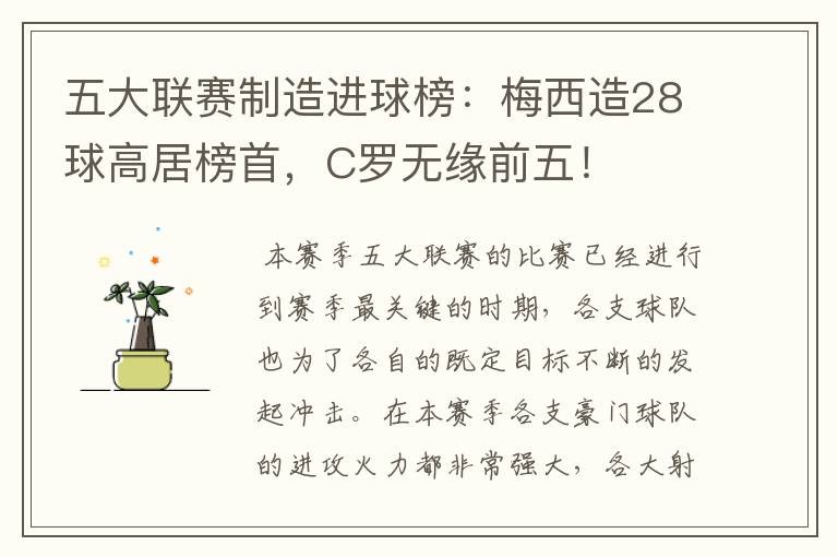 五大联赛制造进球榜:梅西造28球高居榜首,C罗无缘前五!
